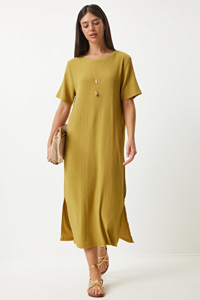 Happiness İstanbul Długa dzianinowa sukienka casualowa w kolorze oleistej zieleni - Dz00076