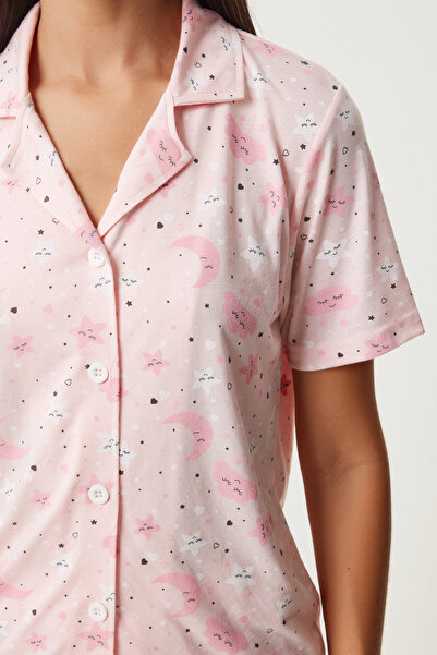 Happiness İstanbul Világos rózsaszín viszkóz női rövidnadrág ing pizsama szett - EC00044