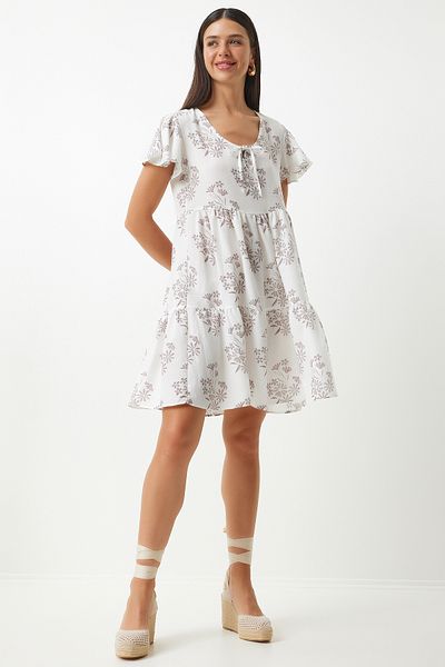 Happiness İstanbul Weiß-braunes Sommerkleid aus Viskose mit Blumenmuster - DD01330