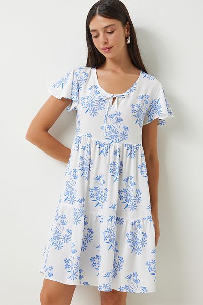 Happiness İstanbul Weiß-blaues Sommerkleid aus Viskose mit Blumenmuster - Ausgestellt DD01330