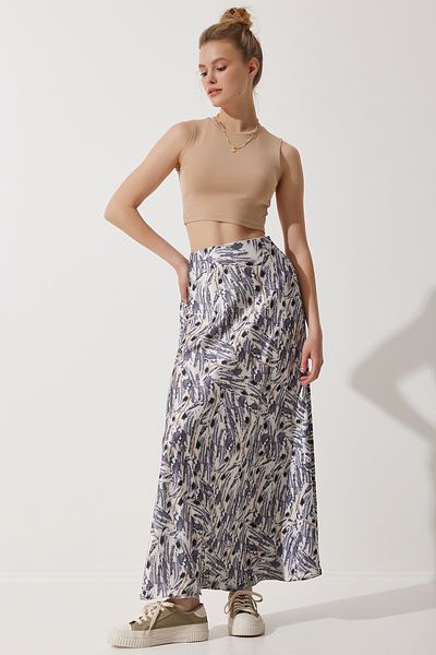 Happiness İstanbul Satin Women's Skirt - Gray Beige Patterned, Surface DD01320