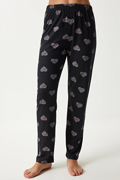 Happiness İstanbul Fekete szívű női pizsama szett - ing és nadrág EC00042
