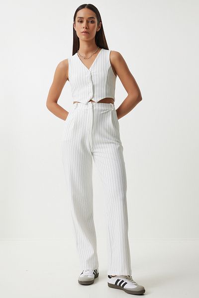 Happiness İstanbul Fehér Pinstripe női kötött mellény és nadrág szett - MC00287