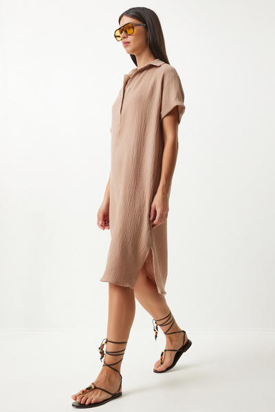 Happiness İstanbul Rochie de damă cu guler polo loose muslin - Summer Biscuit TO00135