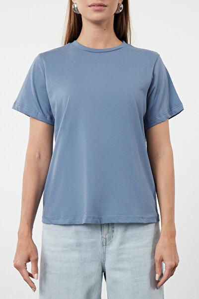 Trendyol Collection Πλεκτό μπλουζάκι Indigo Crew Neck 100% βαμβακερό - TWOSS23TS00000