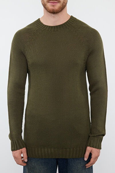 Trendyol Collection Хакі екіпаж горловина тонкий облягаючий в'язаний светр пуловер реглан рукав TMNAW25KZ00000