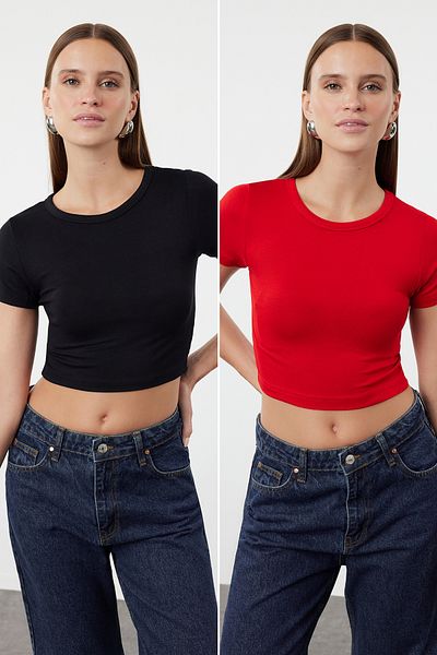 Trendyol Collection Premium Red-Black 2'Li Package Crop Viscose/Soft Fabric Stretchy Knitted Blouse Twoss23Bz00108