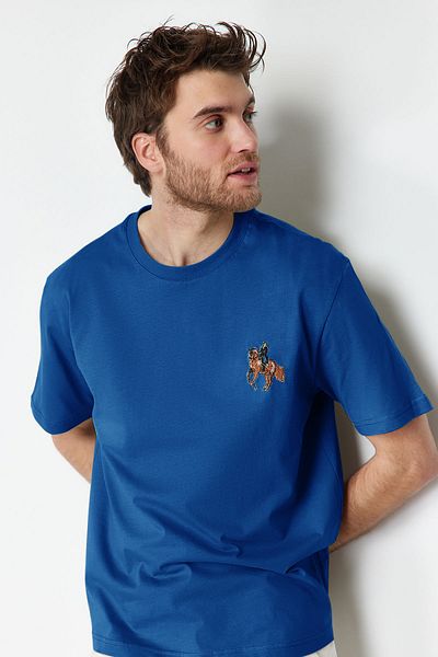 Trendyol Collection Indigo Animal Embroidery Wide CuT T-Shirt - ShorT Sleeve 100% TMNSS24TS00089