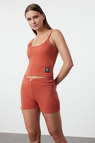 Trendyol Collection Kostkované šortky Pyžamo ve skořicové barvě - THMSS24PT00393