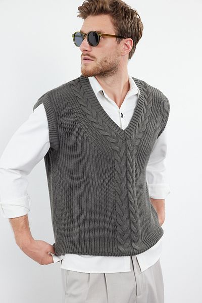 Trendyol Collection Pulover tricotat unisex cu decolteu în V afumat - supradimensionat TMNAW22KZ1585