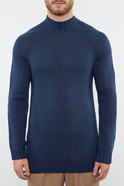 Trendyol Collection Indigo Slim Fit Basic pletený svetr – poloviční rolák, raglánový rukáv Tmnaw25Kz00002