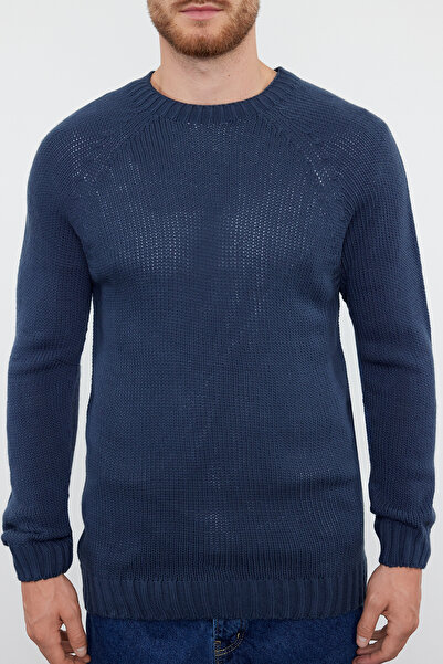 Trendyol Collection Πλεκτό πουλόβερ Indigo Slim Fit Crew με λαιμόκοψη Raglan - TMNAW25KZ00000