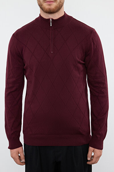 Trendyol Collection Βουργουνδίας Regular Fit Βαμβακερό μισό γιακά με φερμουάρ Έξυπνο πλεκτό πουλόβερ TMNAW23KZ00215