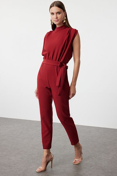 Trendyol Collection Claret Red Sleeveless Degaje Collar Maxi Woven Jumpsuit TWOSS24TU00054