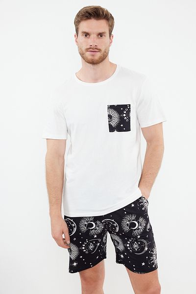 Trendyol Collection Pletená sada pyžama pro pár s černým potiskem Ecru - Regular Fit 100% bavlna Tmnss24Pt00018