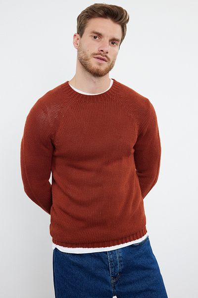 Trendyol Collection Ziegelfarbener Slim-Fit-Strickpullover mit Rundhalsausschnitt – Raglanärmel TMNAW25KZ00000