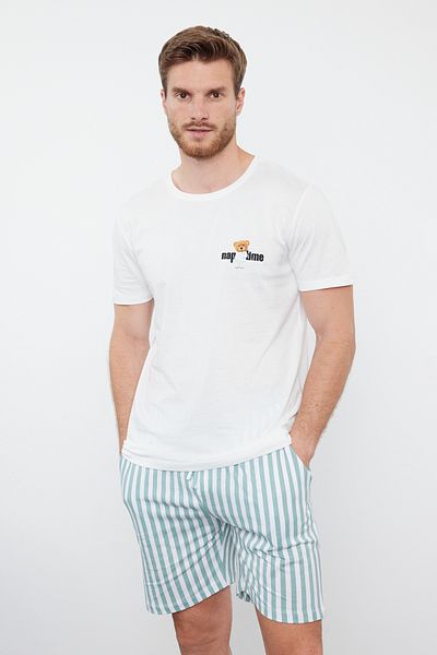 Trendyol Collection Πράσινο εκρού ριγέ ζευγάρι πλεκτό βαμβακερό σετ πιτζάμες - Regular Fit TMNSS24PT00017