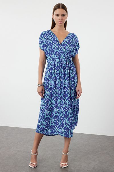 Trendyol Collection Rochie cu guler dublu cu imprimeu albastru, linie A - TWOSS24EL01054
