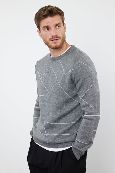 Trendyol Collection Γκρι Slim Fit Crew λαιμόκοψη γεωμετρικό πλεκτό πουλόβερ TMNAW22KZ0662