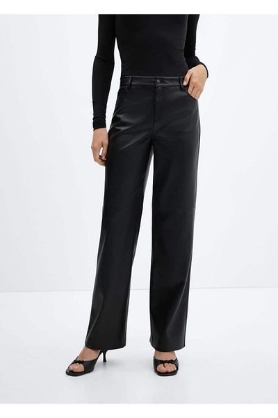 MANGO Woman Mid-Waisted Leather Look Trousers