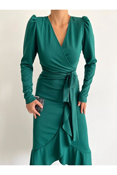 Moka Shopin Γυναικείο φόρεμα με μακρυμάνικο πράσινο κρεπ ύφασμα Midi μήκους