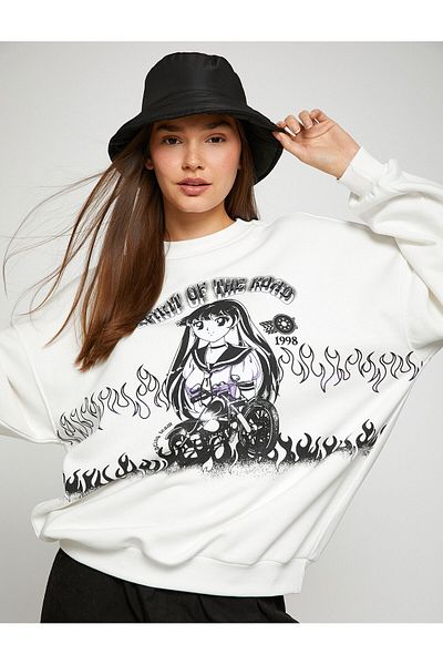 Koton Anime-Sweatshirt, Übergröße, Rundhalsausschnitt, lange Ärmel, mit Fleece-Innenseite