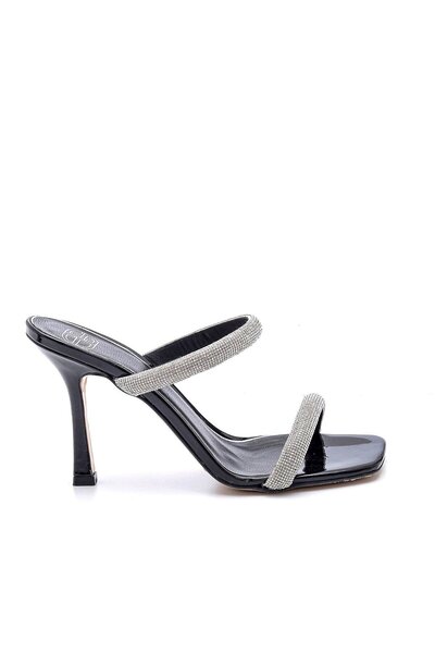 Sofia Baldi Ash Black Patent Leather Stoned Women's Heeled Slippers