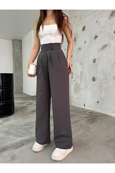 BİKELİFE Women's Anthracite Lycra Velcro Closure Palazzo Wide Leg Trousers