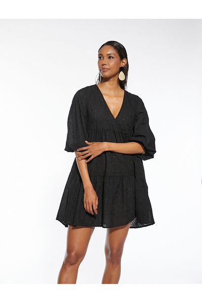 Koton Mini-Strandkleid mit Stickerei, Ballonärmeln und V-Ausschnitt
