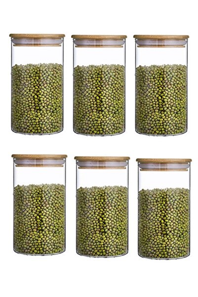 KRD Home مجموعة من 6 برطمان من الخيزران سعة 1000 مل مع غطاء برطمان توابل زجاج...