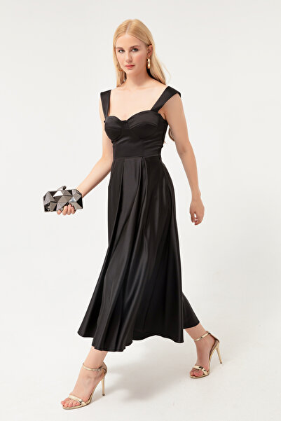 Lafaba Schwarzes Damen-Abendkleid aus Midi-Satin mit ausgestelltem Träger und Trägern