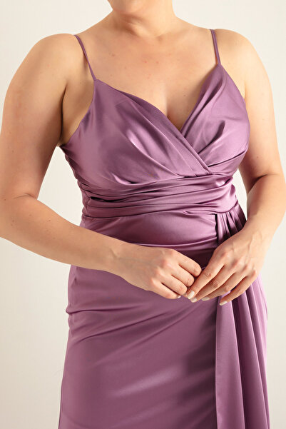 Lafaba Γυναικείο βραδινό φόρεμα Lavender Plus Size Μακρύ Σατέν & Φόρεμα Αποφοίτησης