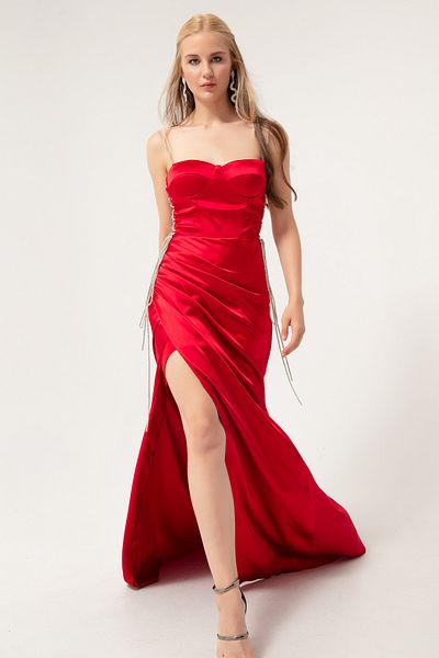 Lafaba Rotes trägerloses langes Abendkleid aus Satin für Damen
