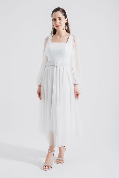 Lafaba Γυναικείο βραδινό φόρεμα Midi Glitter με Λευκό Τετράγωνο Γιακά