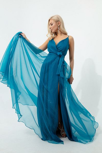 Lafaba Women's Turquoise Double Breasted Neck Belted Long Glitter Evening Dress
