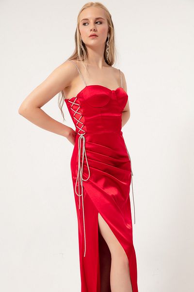Lafaba Rotes trägerloses langes Abendkleid aus Satin für Damen