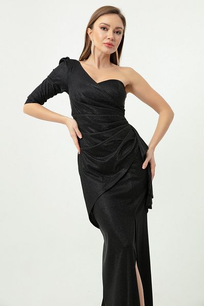 Lafaba Women's Black Single Sleeve Silvery Long Evening Dress