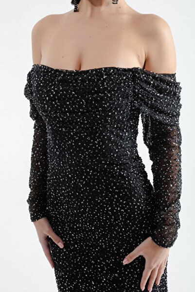 Lafaba Dámské černé dlouhé večerní šaty s lodičkovým výstřihem