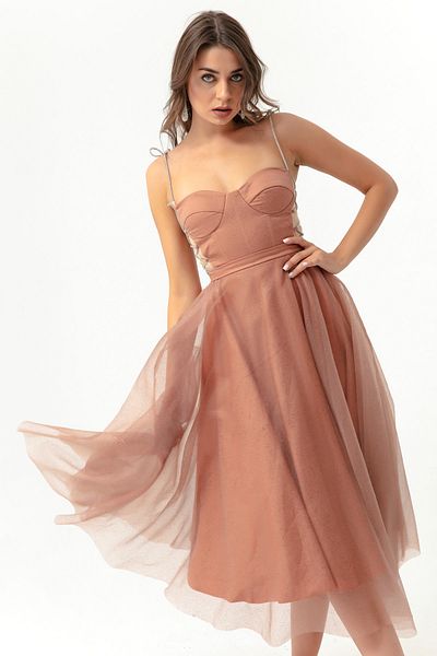 Lafaba Γυναικείο βραδινό φόρεμα με πέτρα Mink Stone Strap Flared Cut Midi