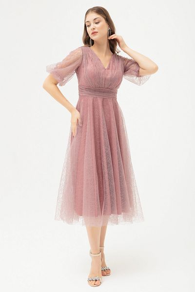 Lafaba Women's Lavender Balloon Sleeve Silvery Evening Dress