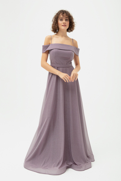 Lafaba Női levendula vékony pántos csónaknyakú ezüstös hosszú estélyi ruha