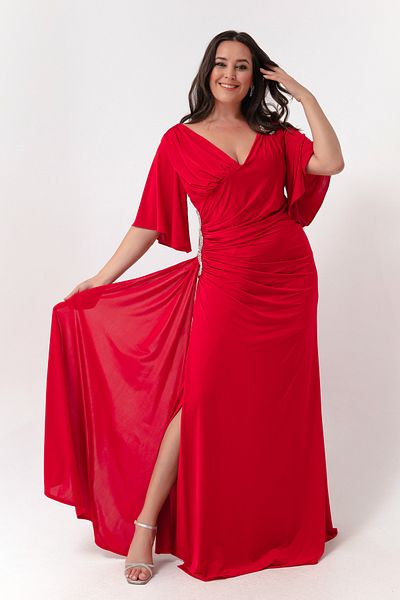 Lafaba Women's Red Short Sleeve Slit Long Plus Size Evening Dress
