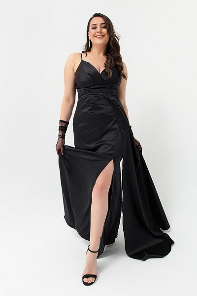 Lafaba Women's Black Plus Size Long Satin Evening Dress & Graduation Dress