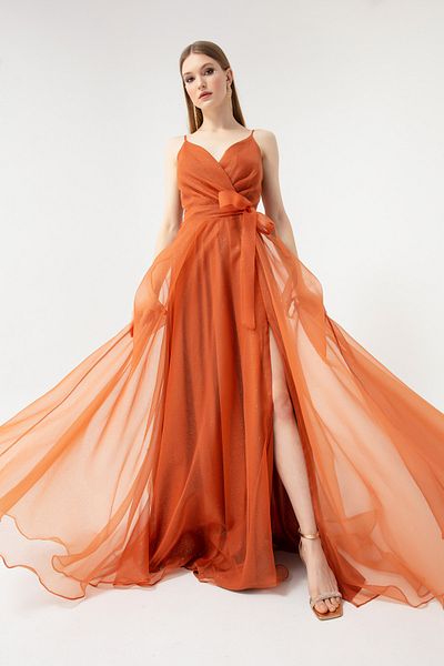 Lafaba Damen-Abendkleid mit Kachelmuster, zweireihig, Ausschnitt und Gürtel, lang, glitzernd