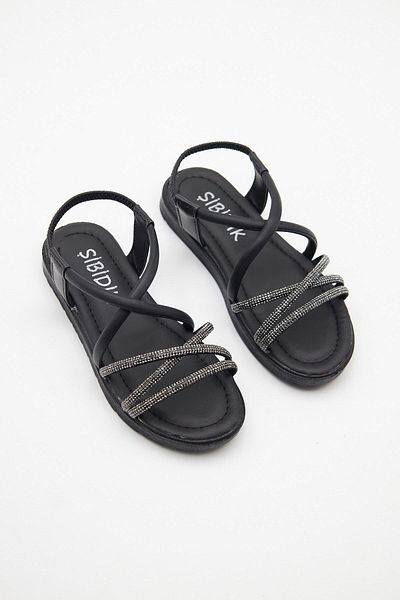 ALTUNTAŞ Black Stoned Braided Elastic Sandals for Girls - Orthopedic Sole