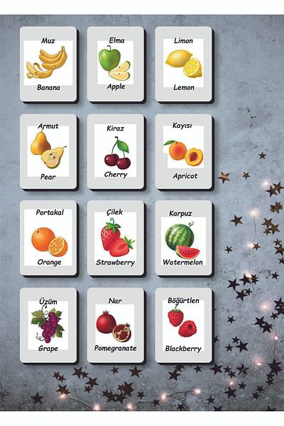 Sipylum Wooden Intelligence Cards Matching Game Wooden Puzzle Toy (Fruits) Turkish-English