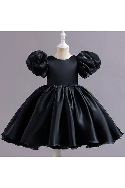 Asel Kids Girl's Black Satin Design Dress