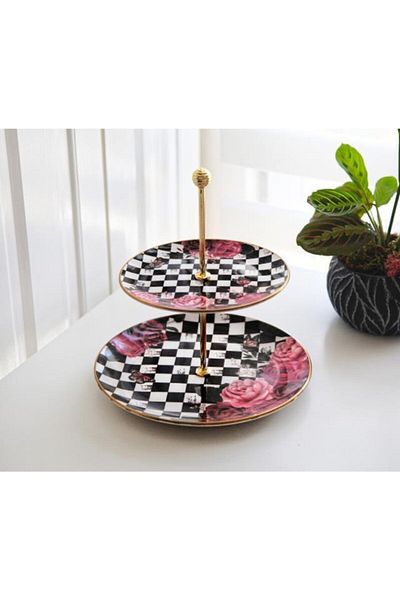 GÖNÜL Checkered Rose Two Layer Ceramic Cookie Holder