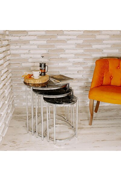 Lion Defne Zigon Sehpa, 3 Lü Metal Zigon Sehpa Takımı, Gümüş Mermer