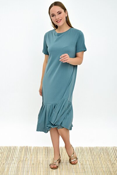 Cotton Mood 9303044 تنورة جيرسي واحدة مطوي فستان قصير الأكمام Cagla Green